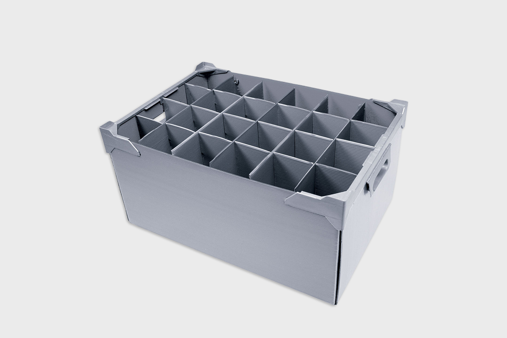 Image of a Corram box divider with fittings made from polypropylene corrugated sheets