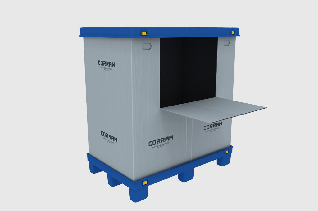 Image of a Corram foldable pallet box made from polypropylene corrugated sheets