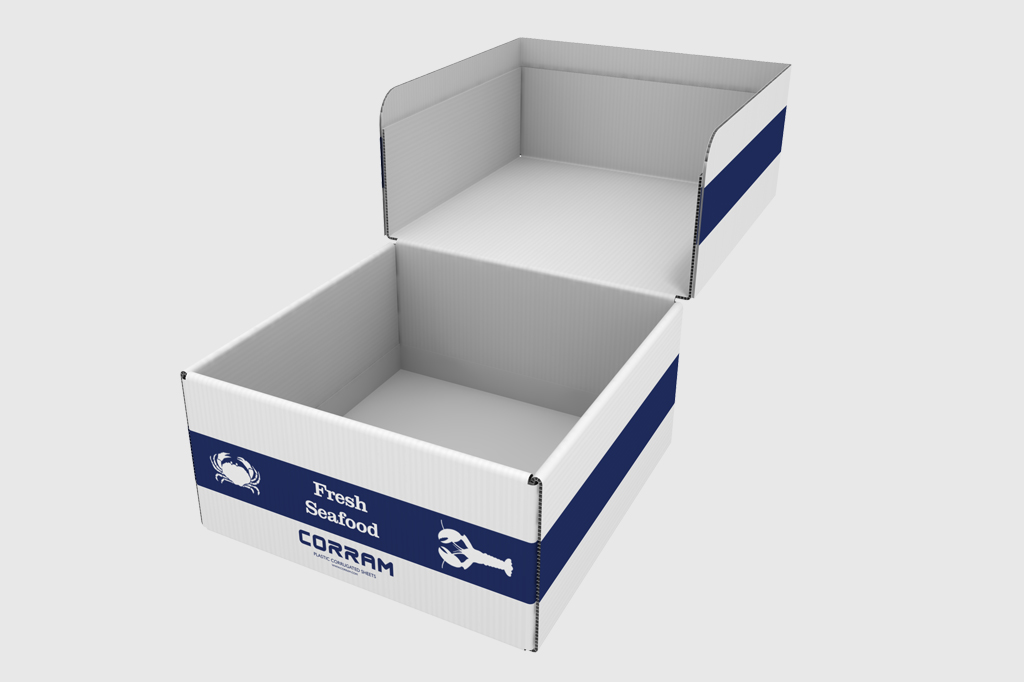 Image of a Corram product packaging as sea food box made from polypropylene corrugated sheets