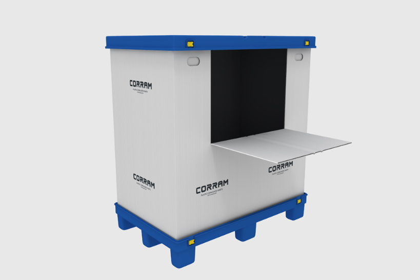 Image of a Corram foldable pallet box made from polypropylene corrugated sheets